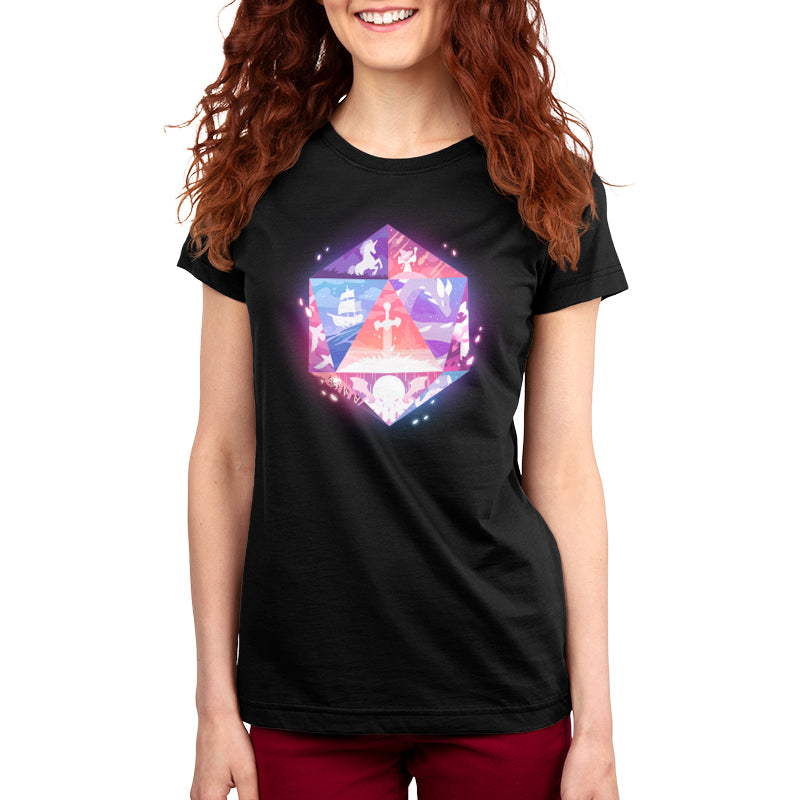 A woman smiling, wearing a D20 Adventures Women's T-shirt in black with a colorful geometric graphic design featuring mountains and stars by monsterdigital.