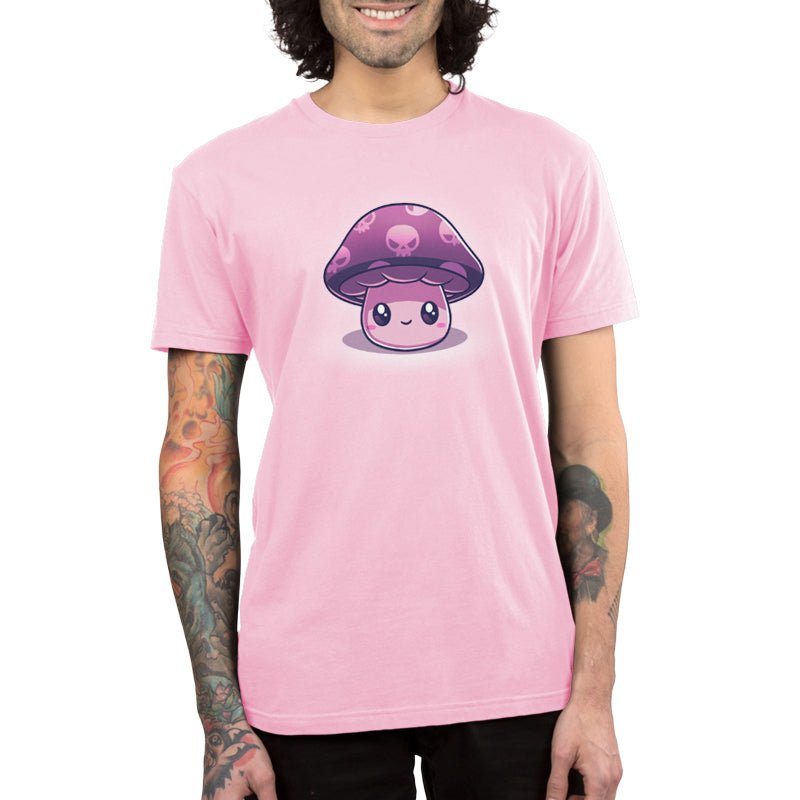 Premium Cotton T-shirt_TeeTurtle Deadly Little Mushroom light pink t-shirt featuring a cute smiling little mushroom with a purple cap that has skulls on it