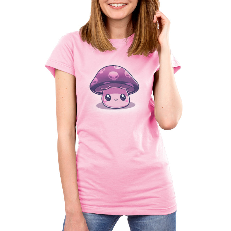 Premium Cotton T-shirt_TeeTurtle Deadly Little Mushroom light pink t-shirt featuring a cute smiling little mushroom with a purple cap that has skulls on it