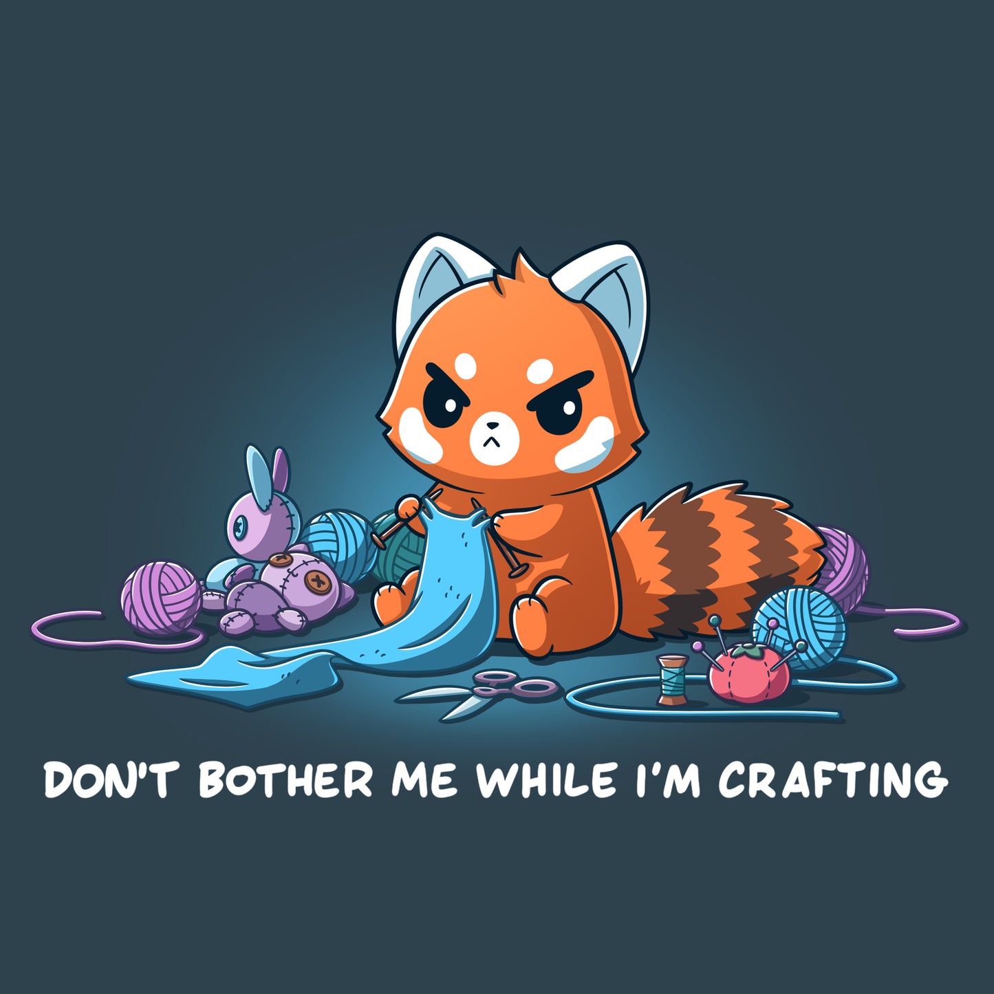 Premium Cotton T-shirt_TeeTurtle denim blue Don't Bother Me While I'm Crafting featuring an introverted, knitting red panda surrounded by knitting materials.