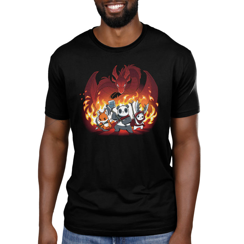 Premium Cotton T-shirt_TeeTurtle Dragon Fight black t-shirt featuring a panda warrior, an archer fox, and a winged cat standing ready for battle in front of a fire-breathing red dragon, with flames in the background.