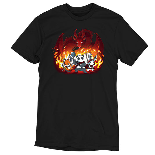A super soft ringspun cotton black T-shirt featuring cartoon characters: a panda, fox, and rabbit wielding weapons, standing in front of a large red dragon with flames in the background, from monsterdigital's Dragon Fight collection.