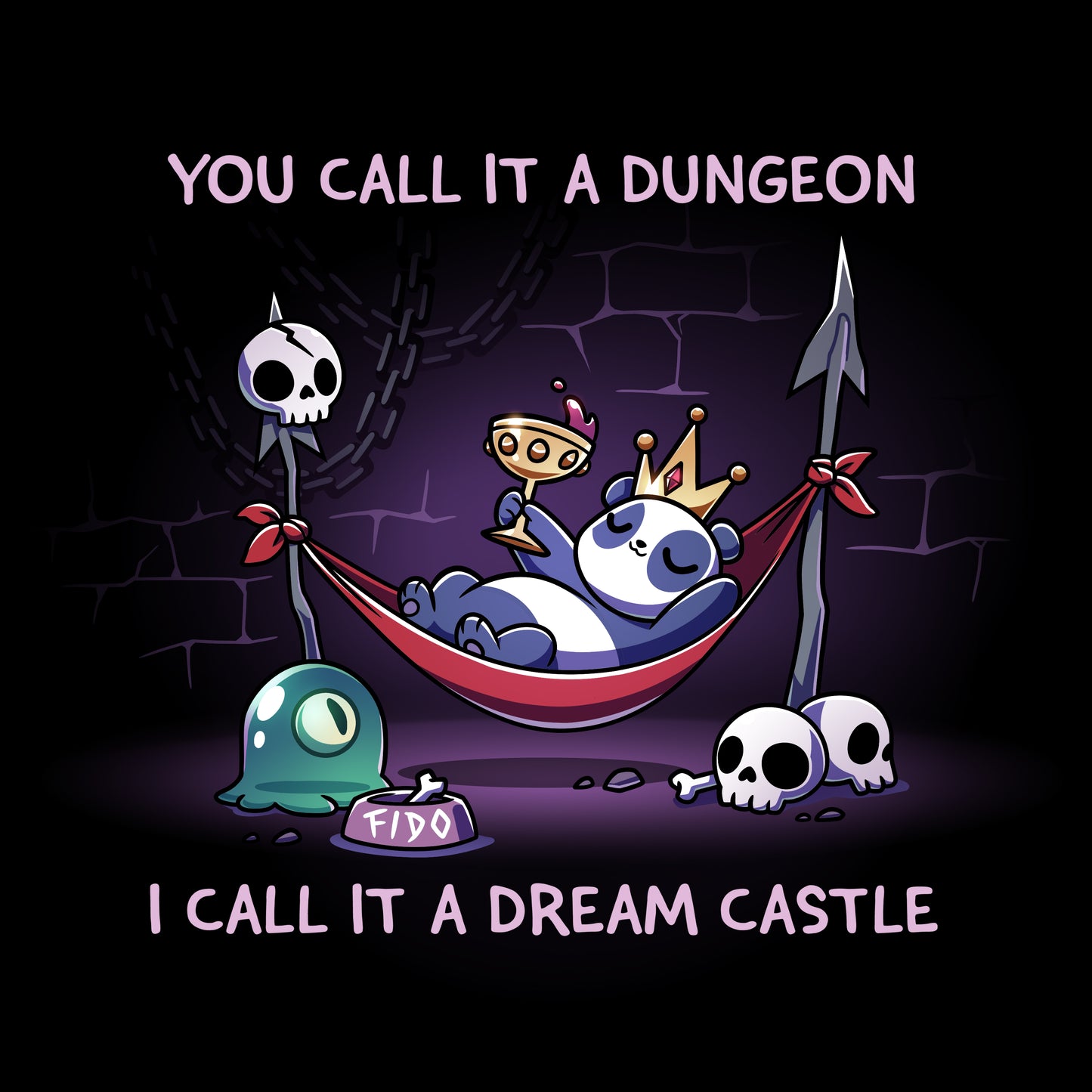 Premium Cotton T-shirt_TeeTurtle black Dream Castle t-shirt featuring a panda relaxing in a hammock propped with spears in a dungeon surrounded by skulls and a slime pet.