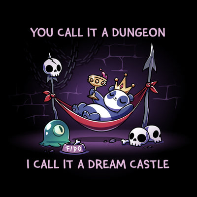 Premium Cotton T-shirt_TeeTurtle black Dream Castle t-shirt featuring a panda relaxing in a hammock propped with spears in a dungeon surrounded by skulls and a slime pet.