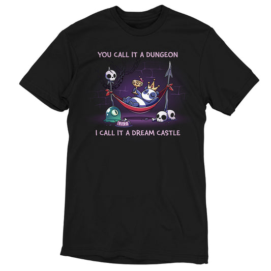 Premium Cotton T-shirt_TeeTurtle black Dream Castle t-shirt featuring a panda relaxing in a hammock propped with spears in a dungeon surrounded by skulls and a slime pet.