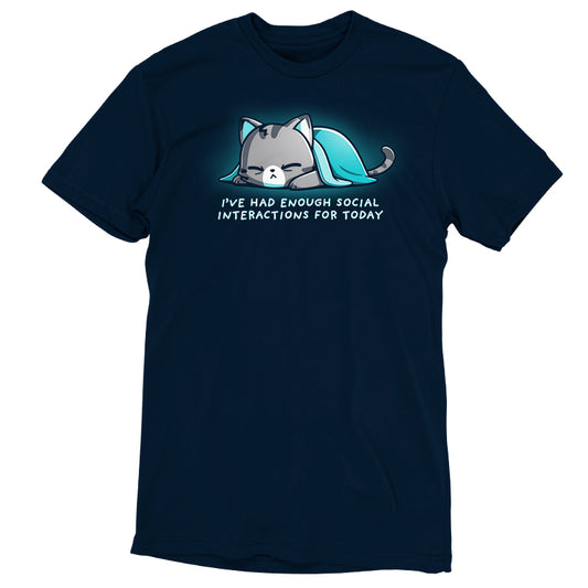 A navy blue T-shirt made of super soft ringspun cotton features a cartoon image of a cat under a blanket with the text 