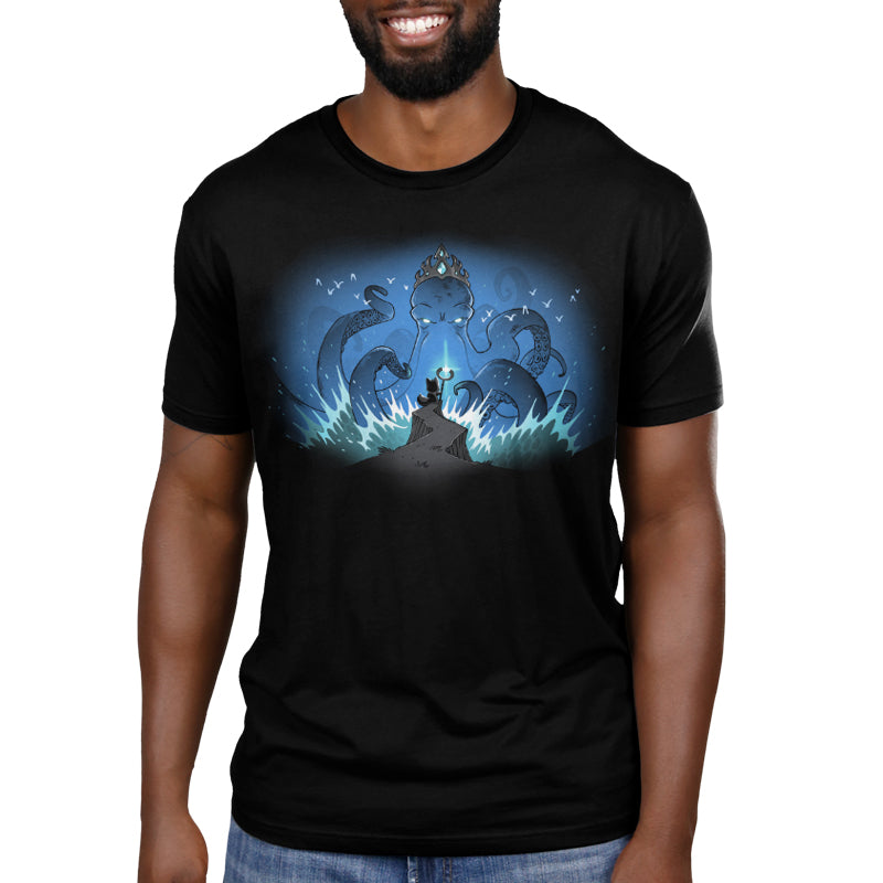 Premium Cotton T-shirt_TeeTurtle black Face the Kraken apparel featuring a small fox standing on a cliff holding a shining staff facing off against a giant crowned kraken emerging from the sea and sea gulls flying around the kraken’s head.