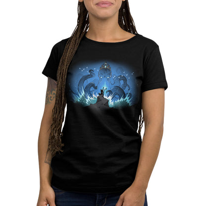 Premium Cotton T-shirt_TeeTurtle black Face the Kraken apparel featuring a small fox standing on a cliff holding a shining staff facing off against a giant crowned kraken emerging from the sea and sea gulls flying around the kraken’s head.