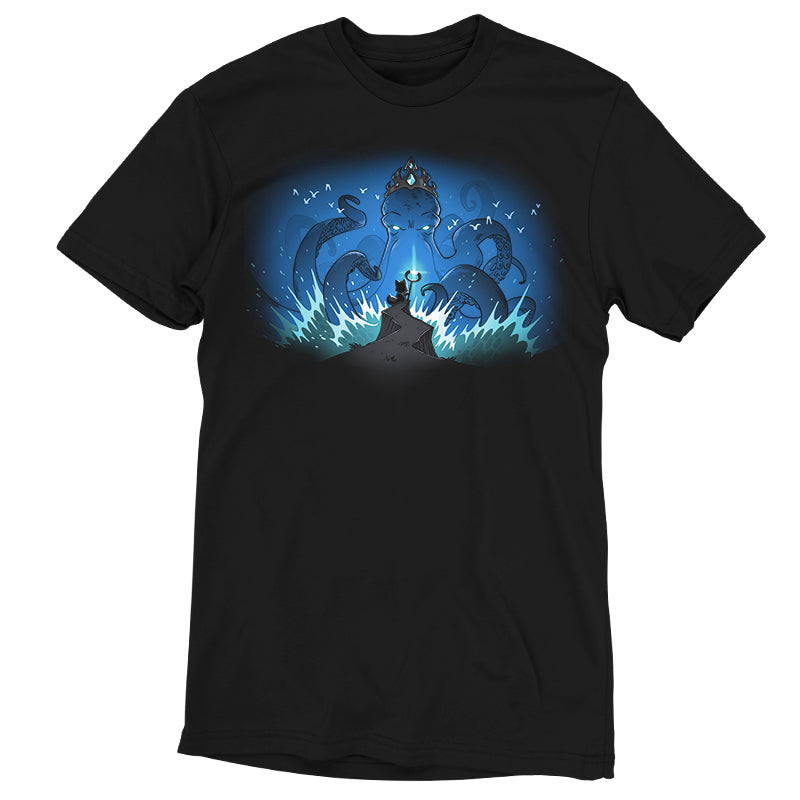 Premium Cotton T-shirt_TeeTurtle black Face the Kraken apparel featuring a small fox standing on a cliff holding a shining staff facing off against a giant crowned kraken emerging from the sea and sea gulls flying around the kraken’s head.