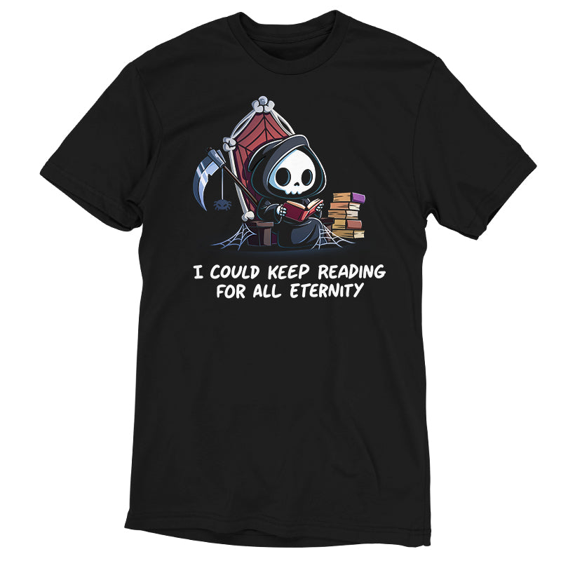 Premium Cotton T-shirt_TeeTurtle black Eternal Reader featuring the Grim Reaper on a cobwebbed throne reading a book with text, “I could keep reading for all eternity“.