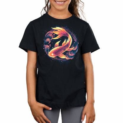 Premium Cotton T-shirt_TeeTurtle black Ethereal Koi apparel featuring a bronze koi with gold highlights framed by a circle with cloud elements.