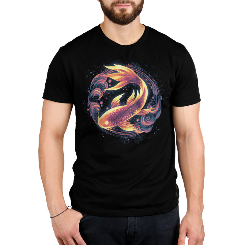 Premium Cotton T-shirt_TeeTurtle black Ethereal Koi apparel featuring a bronze koi with gold highlights framed by a circle with cloud elements.