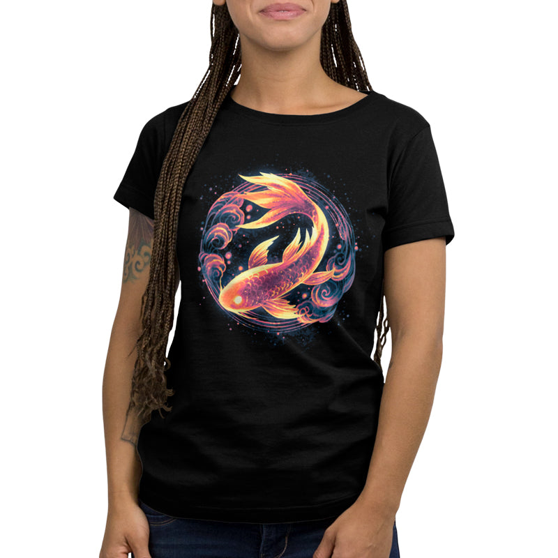 Premium Cotton T-shirt_TeeTurtle black Ethereal Koi apparel featuring a bronze koi with gold highlights framed by a circle with cloud elements.