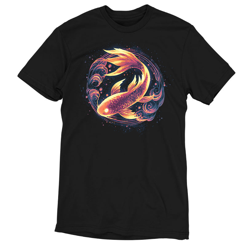 Premium Cotton T-shirt_TeeTurtle black Ethereal Koi apparel featuring a bronze koi with gold highlights framed by a circle with cloud elements.