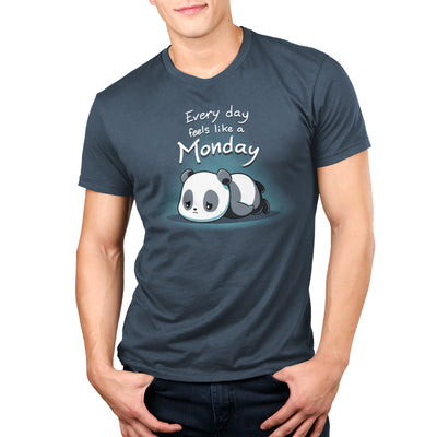 Premium Cotton T-shirt_Teeturtle denim blue Every Day Feels Like a Monday apparel featuring a sad cartoon panda flopped on the floor with eyes downcast with the words 'Every day feels like a Monday' above it.