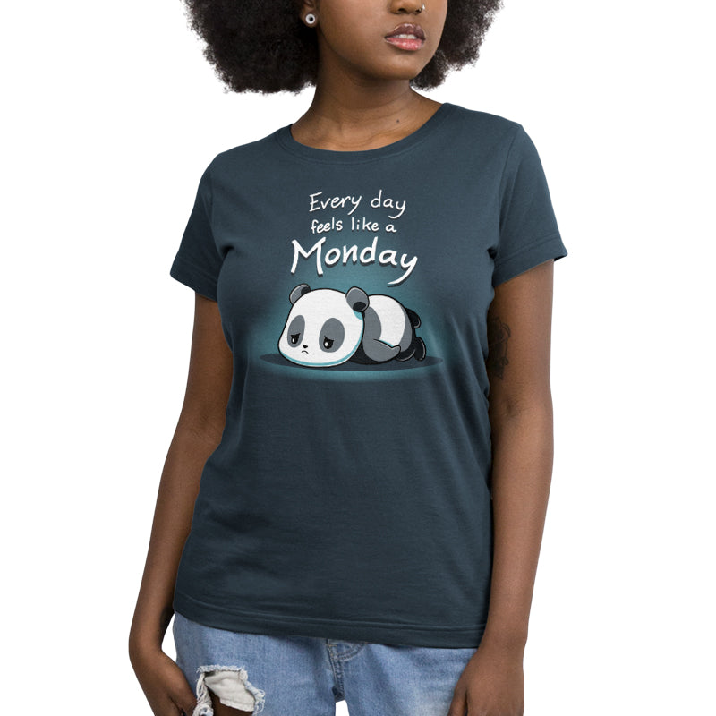 Premium Cotton T-shirt_Teeturtle Every Day Feels Like a Monday Denim Blue Featuring a sad cartoon panda flopped on the floor with eyes downcast with the words 'Every day feels like a Monday' above it.