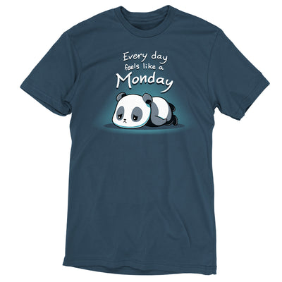 Premium Cotton T-shirt_Teeturtle denim blue Every Day Feels Like a Monday apparel featuring a sad cartoon panda flopped on the floor with eyes downcast with the words 'Every day feels like a Monday' above it.