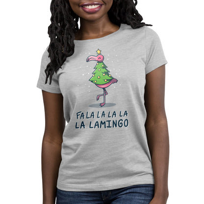 Premium Cotton T-shirt_TeeTurtle Fa La La Lamingo heather gray t-shirt featuring a flamingo dressed up as a Christmas tree