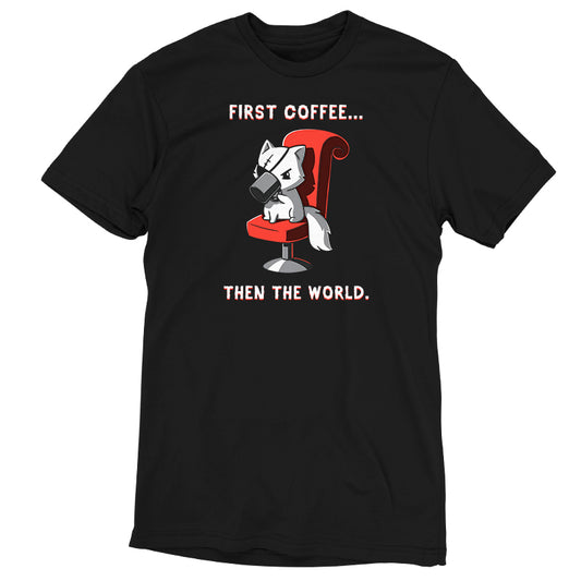 Black T-shirt featuring a cartoon dog drinking coffee on a chair with the text 