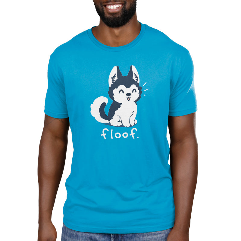 Teeturtle Cobalt Blue Floof Premium Cotton T-shirt. Featuring an adorable, fluffy husky with its tongue hanging out posed over the word 'Floof'.