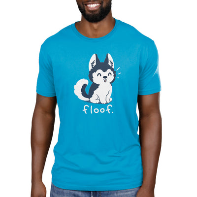 Premium Cotton T-shirt_TeeTurtle cobalt blue Floof apparel featuring a happy and fluffy husky with its tongue out, caption reads 'Floof'.