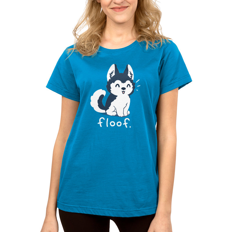 Premium Cotton T-shirt_TeeTurtle Floof cobalt blue t-shirt featuring a fluffy husky with its tongue hanging out posed over the word 'Floof'.