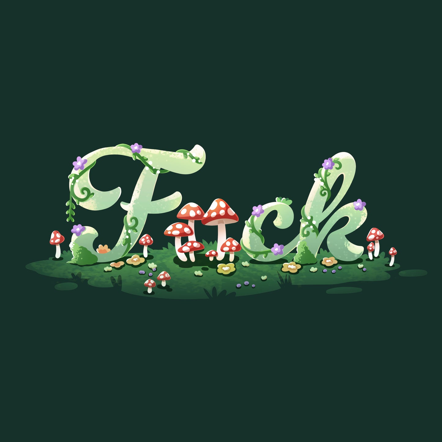 Premium Cotton T-shirt_TeeTurtle forest green Floral F*ck apparel featuring the word, “F*ck” with the second letter replaced by mushrooms, and the letters surrounded by mushrooms, flowers, and grass.