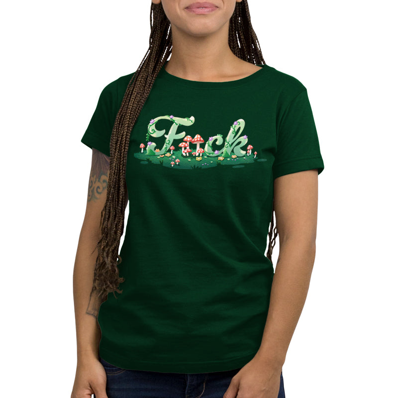 Premium Cotton T-shirt_TeeTurtle forest green Floral F*ck apparel featuring the word, “F*ck” with the second letter replaced by mushrooms, and the letters surrounded by mushrooms, flowers, and grass.