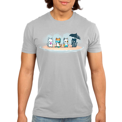 Premium Cotton T-shirt_TeeTurtle silver gray Fun In The Sun apparel featuring a white cat eating a popsicle, an orange tabby with diving goggles, a calico cat wearing a floater, and a black cat with sunglasses holding a frilly black umbrella all standing on a beach.