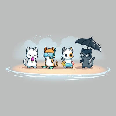 Premium Cotton T-shirt_TeeTurtle silver gray Fun In The Sun apparel featuring a white cat eating a popsicle, an orange tabby with diving goggles, a calico cat wearing a floater, and a black cat with sunglasses holding a frilly black umbrella all standing on a beach.