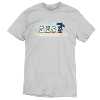 Premium Cotton T-shirt_TeeTurtle silver gray Fun In The Sun apparel featuring a white cat eating a popsicle, an orange tabby with diving goggles, a calico cat wearing a floater, and a black cat with sunglasses holding a frilly black umbrella all standing on a beach.