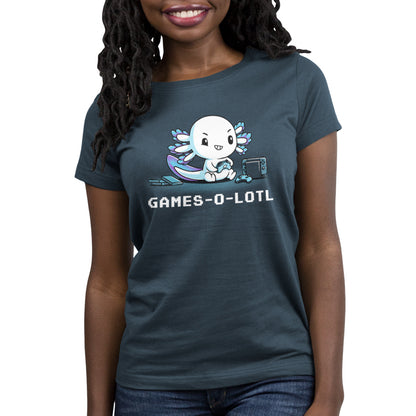 Premium Cotton T-shirt_Teeturtle Games-O-Lotl demin blue t-shirt featuring an axolotl playing video games with consoles and controllers around.