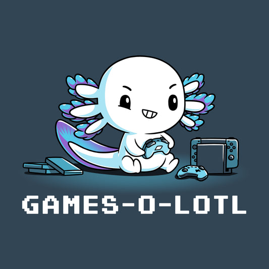 Cartoon axolotl playing video games with consoles and controllers around, text 