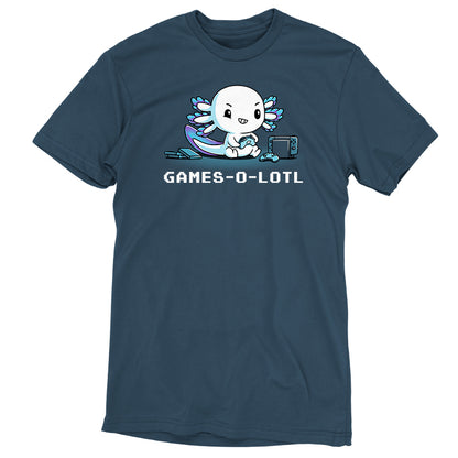 Premium Cotton T-shirt_Teeturtle Games-O-Lotl demin blue t-shirt featuring an axolotl playing video games with consoles and controllers around.