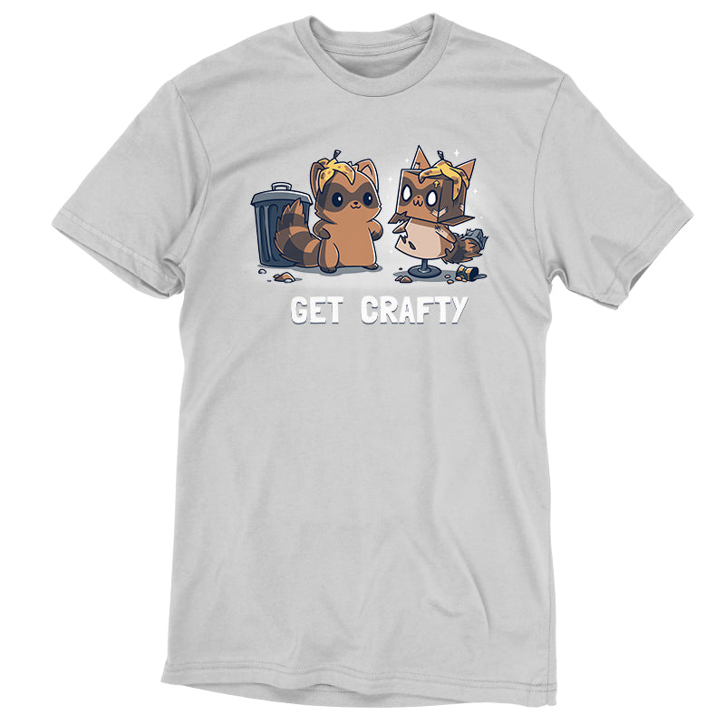 Unisex gray Crafty Raccoon t-shirt featuring a cartoon of two mischievous raccoons near a tipped-over trash can, with the phrase "get crafty" printed below, by monsterdigital.