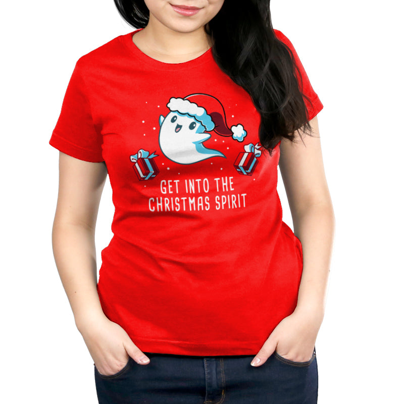 Premium Cotton T-shirt_TeeTurtle Get into the Christmas Spirit red t-shirt featuring a festive ghost in a Santa hat surrounded by presents.