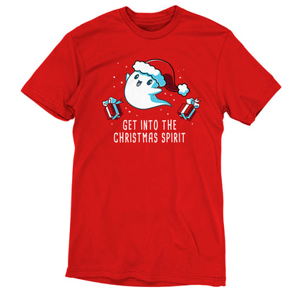 Premium Cotton T-shirt_TeeTurtle Get into the Christmas Spirit red t-shirt featuring a festive ghost in a Santa hat surrounded by presents.