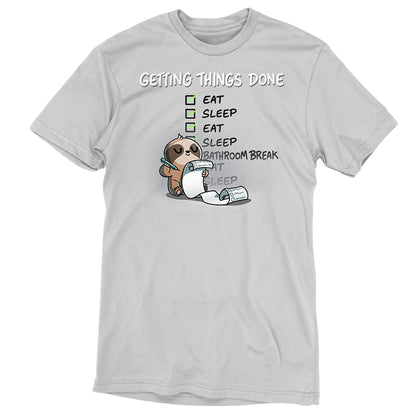 Premium Cotton T-shirt_TeeTurtle silver gray Getting Things Done apparel featuring a sloth checking off items on a list, such as eat, sleep, eat, sleep, bathroom break.