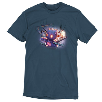 Premium Cotton T-shirt_TeeTurtle denim blue Mega Mech Cat apparel featuring a giant mech cat under construction with several cats in lab coats on the surrounding walkways.
