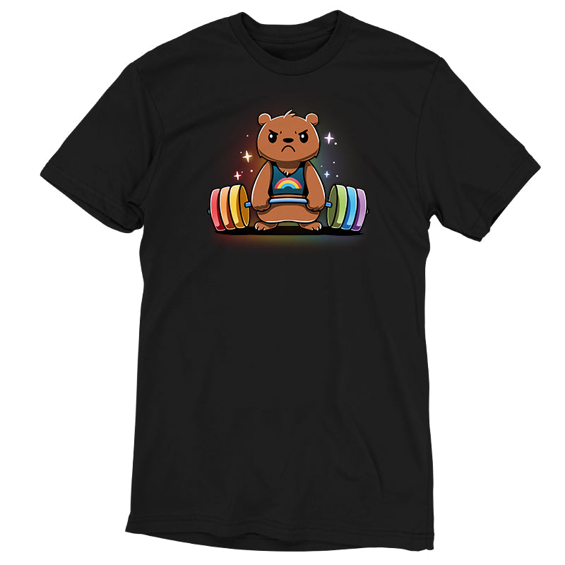 Black T-shirt featuring a graphic of a determined bear holding a rainbow-colored barbell, surrounded by a few stars. Crafted from super soft ringspun cotton, this versatile design is perfect for both men's and women's wardrobes. Introducing the Gym Bear by monsterdigital.