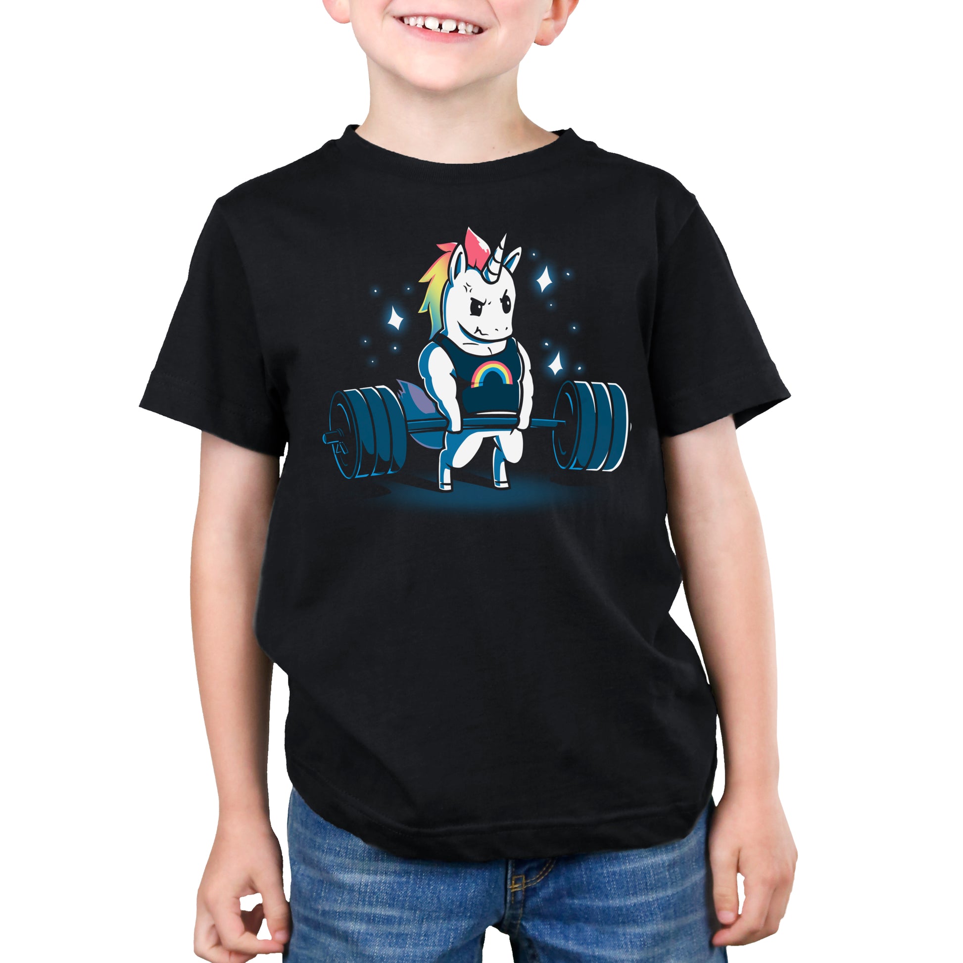 Premium Cotton T-shirt_TeeTurtle Gym Unicorn black t-shirt featuring an illustration of a white unicorn with rainbow hair wearing a black shirt with a rainbow on it lifting weights surrounded by stars. 