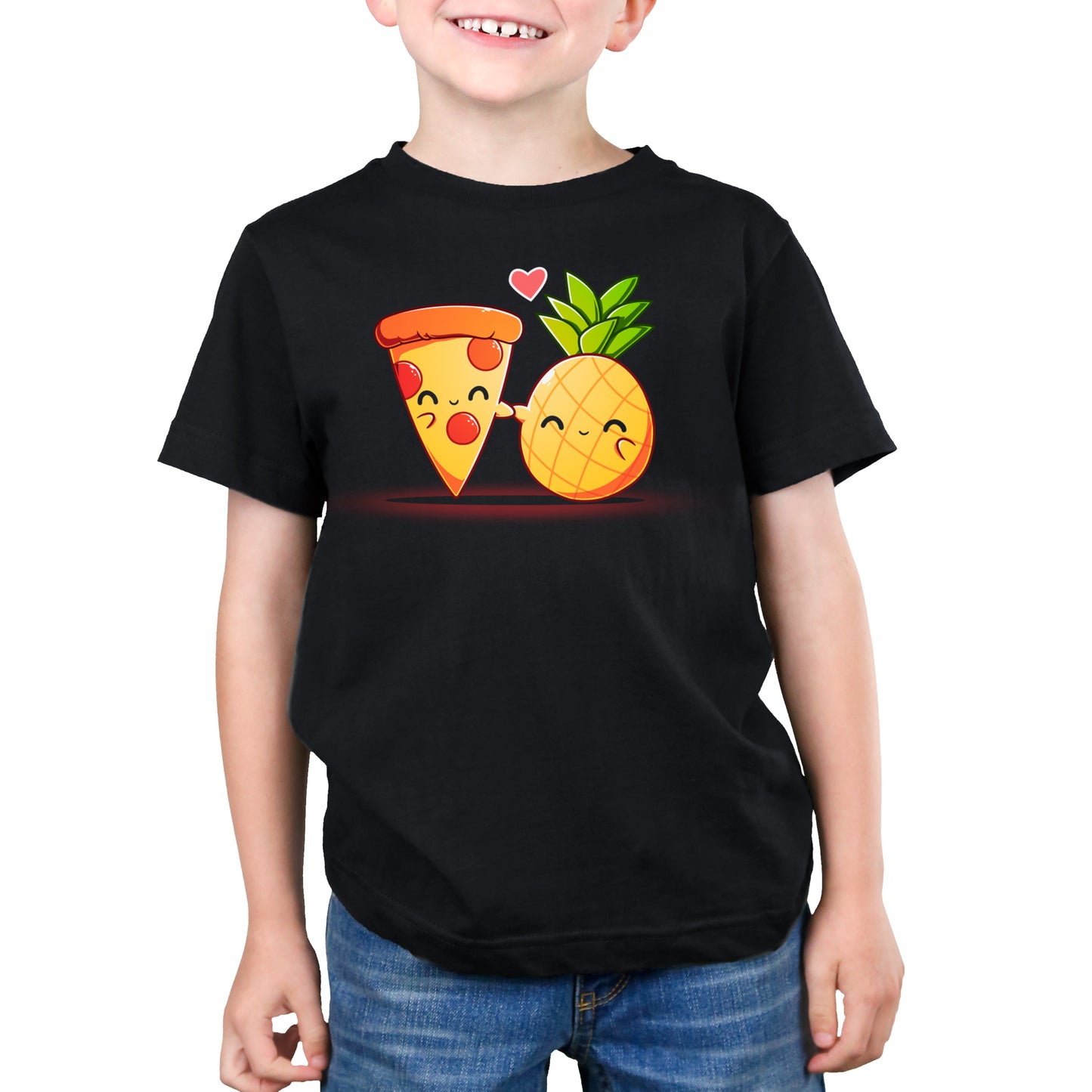 Premium Cotton T-shirt - A child wearing a black 100% super soft ringspun cotton apparel featuring a cartoon Hawaiian Pizza by monsterdigital, with a pizza slice and pineapple holding hands and smiling.