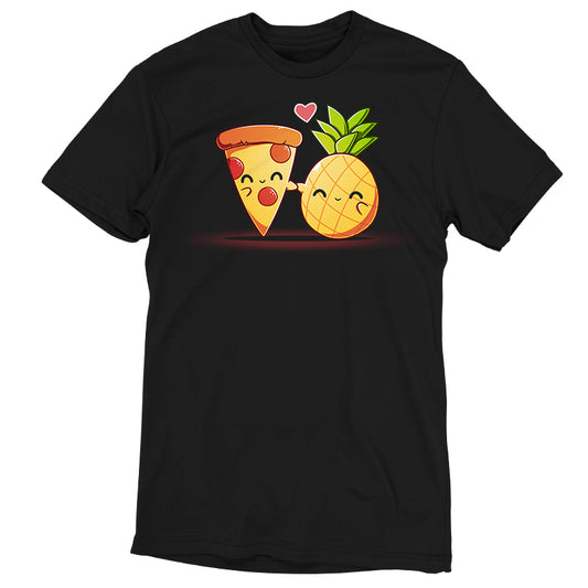 This Hawaiian Pizza by monsterdigital is a black, 100% super soft ringspun cotton unisex tee featuring a cute illustration of a smiling pizza slice and a pineapple slice holding hands with a heart above them.
