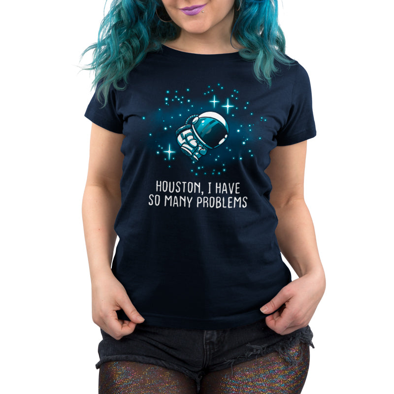 Premium Cotton T-shirt_TeeTurtle navy blue Houston, I Have So Many Problems t-shirt featuring an anxious astronaut floating in space.