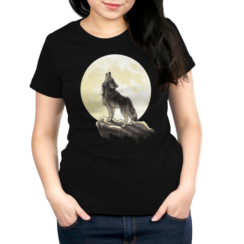 Premium Cotton T-shirt_TeeTurtle Howl at the Moon (Glow) black t-shirt featuring a wolf standing on a ledge howling with a full moon in the background.