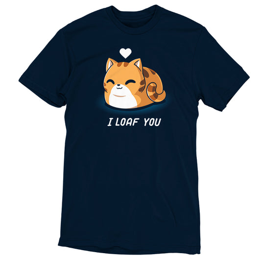 Navy blue T-shirt made from super soft ringspun cotton featuring a graphic of a smiling cat loafing, a heart above its head, and the text 