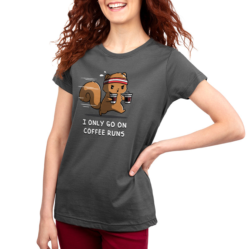 Premium Cotton T-shirt_A cartoon squirrel wearing a headband and running while holding two coffee cups with the text "I ONLY GO ON COFFEE RUNS" below, all printed on a cozy charcoal gray apparelfrom monsterdigital.