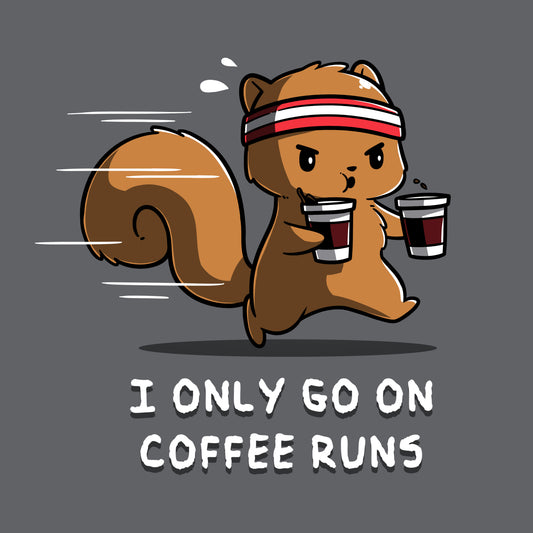 A cartoon squirrel wearing a headband and running while holding two coffee cups with the text 