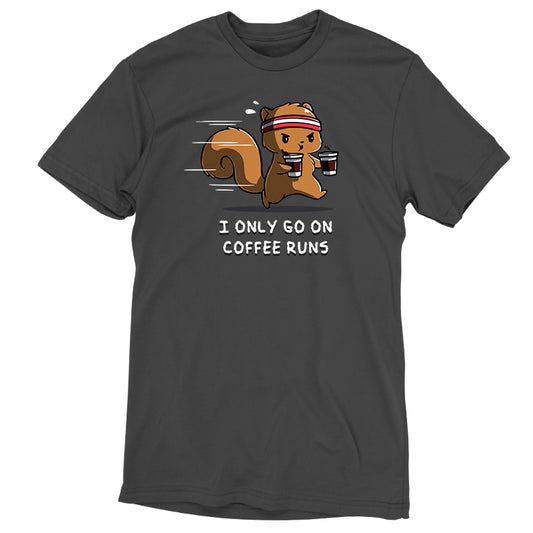 Charcoal gray tee featuring a quirky illustration of a squirrel wearing a headband and holding a coffee cup, brought to you by monsterdigital. The text below reads, 