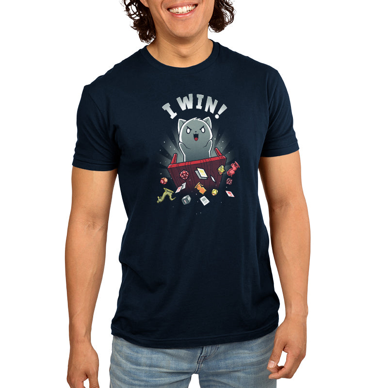 Premium Cotton T-shirt_Teeturtle I Win! navy blue t-shirt featuring a gray cat flipping a tabletop game table, sending cards, tabletop figures and dice flying with the words "I Win!" above its head.